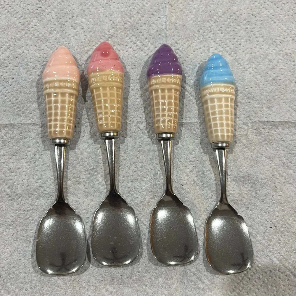 VTG ROYAL CREAM CERAMIC CONE SHAPED STAINLESS SPOON JAPAN MULTI COLOR SET Of 4